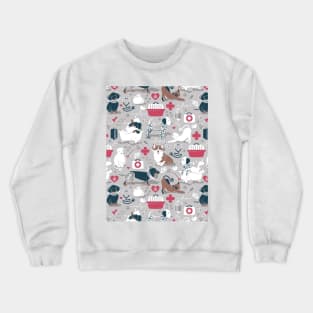 Veterinary medicine, happy and healthy friends // pattern // grey background red details navy blue white and brown cats dogs and other animals Crewneck Sweatshirt